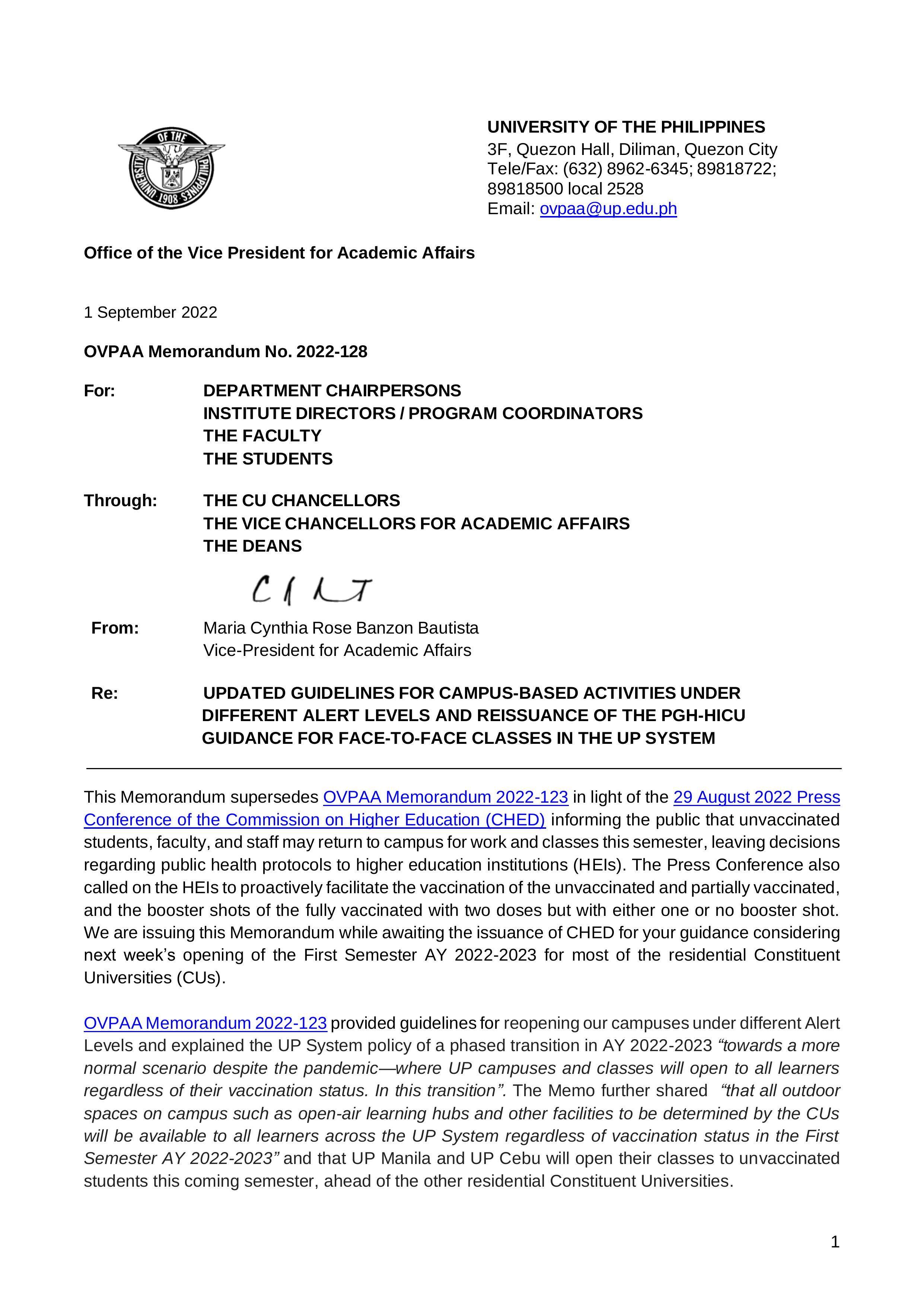 Annex B.2 - OVPAA Memorandum 2022-128 Updated GUIDELINES FOR CAMPUS-BASED ACTIVITIES UNDEER DIFFERENT  ALERT LEVELS REV2