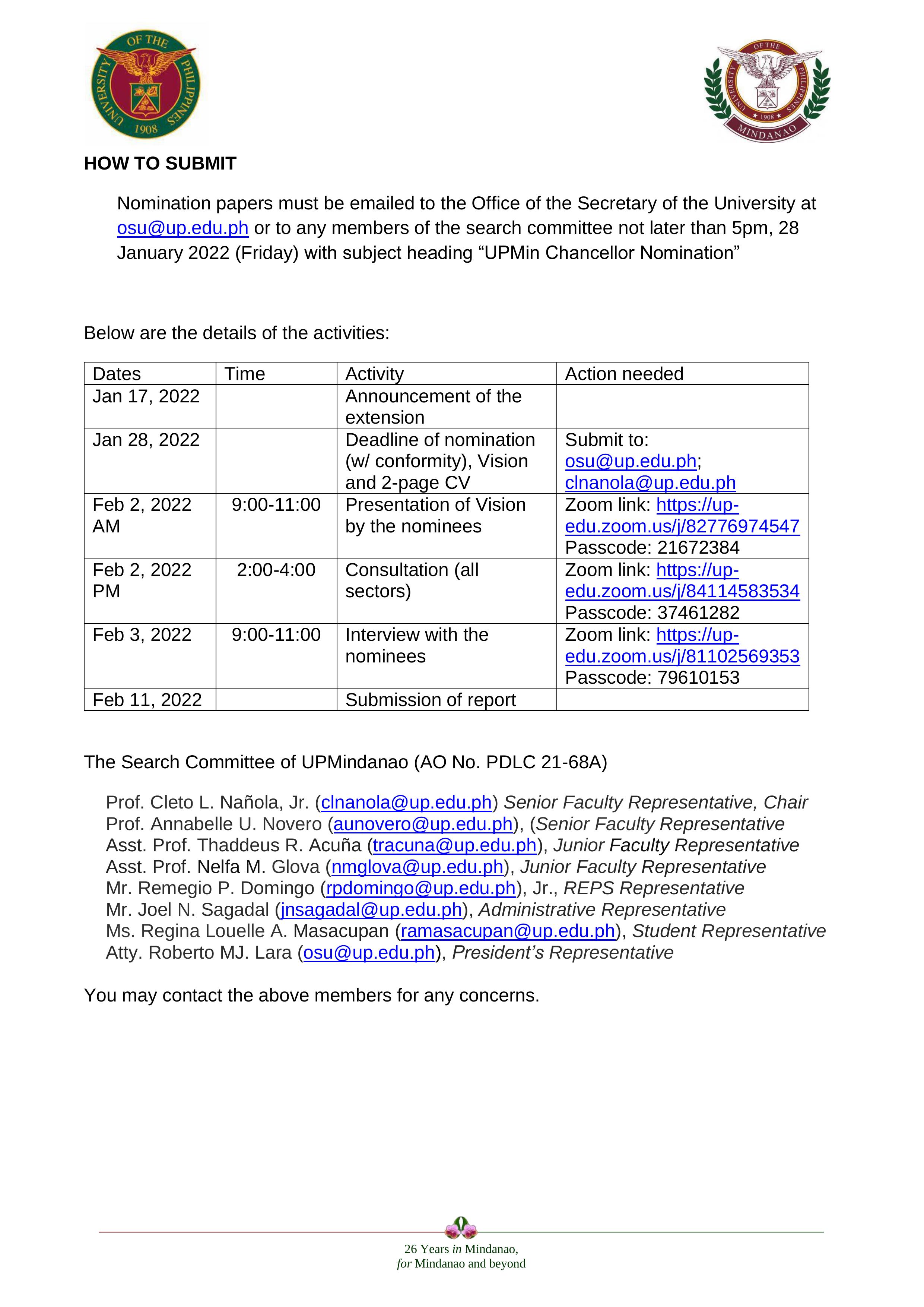 Extension of search for chancellorship UPMin until 28Jan2022