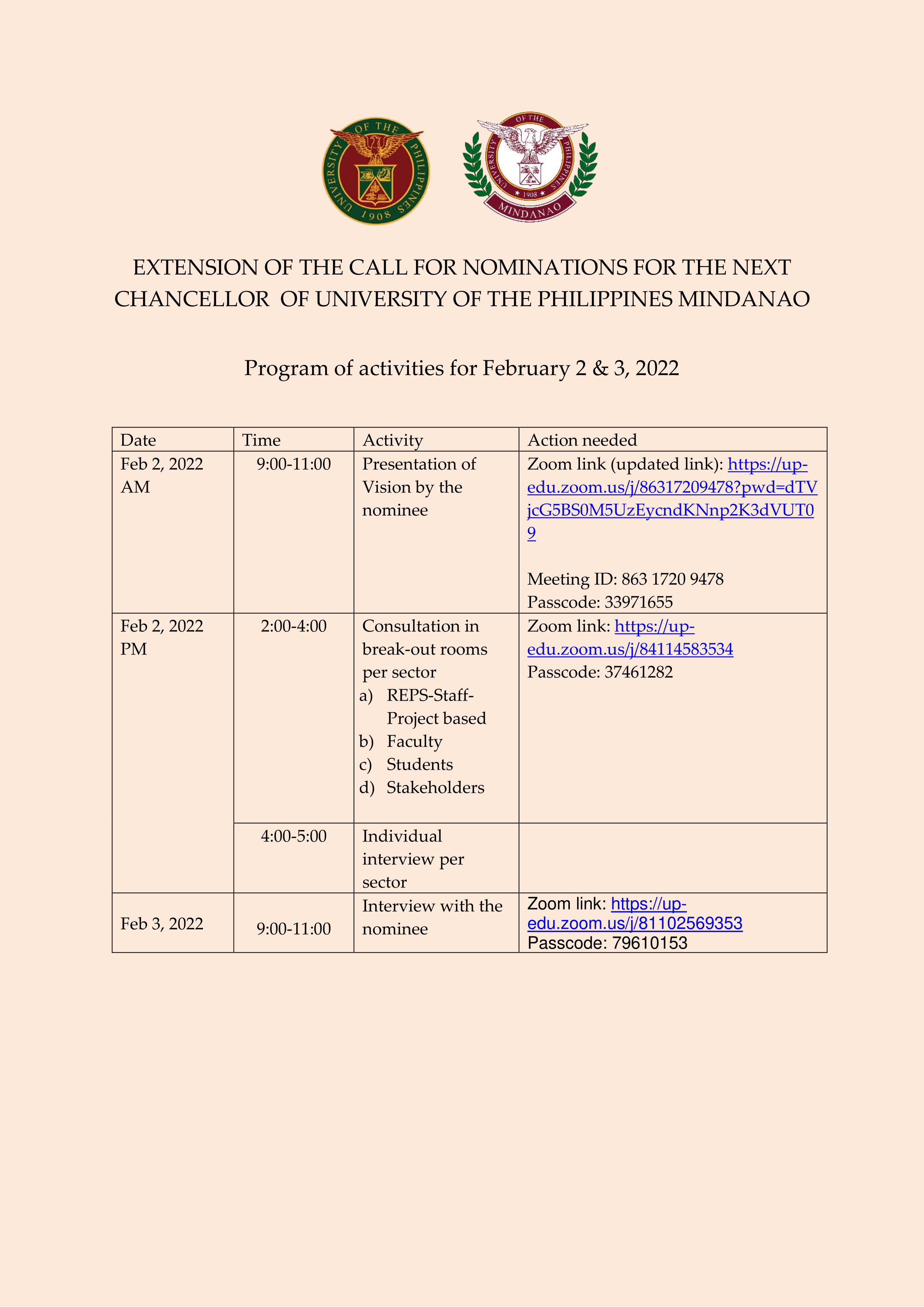 Invitation 2day Program-vision consultation interview of addtnl nominee Chancellor UPMin 2-3 Feb 2022 final