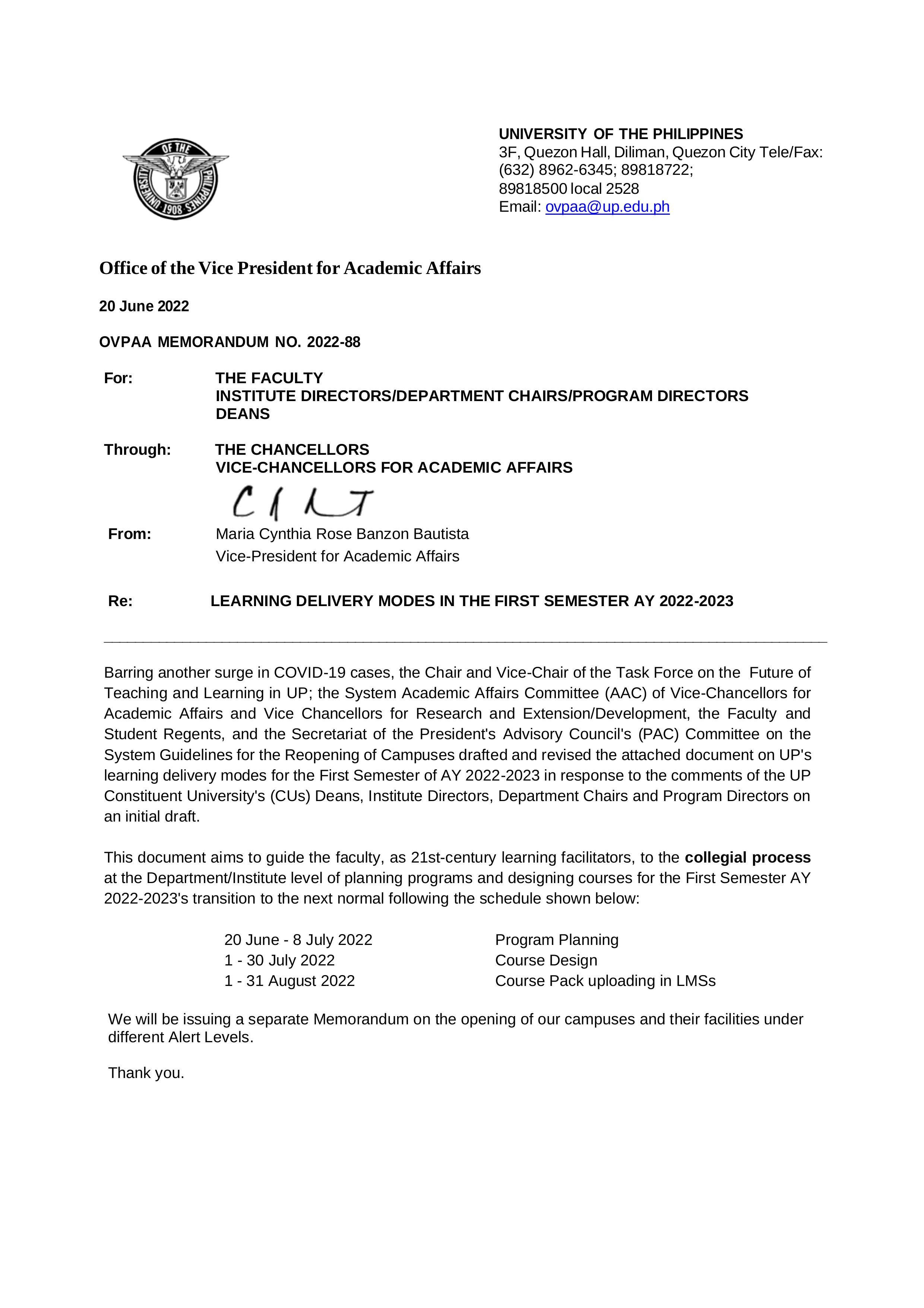 OVPAA Memorandum 2022-88 rev Learning Delivery Modes in First Se 2022-2023 updated 062122